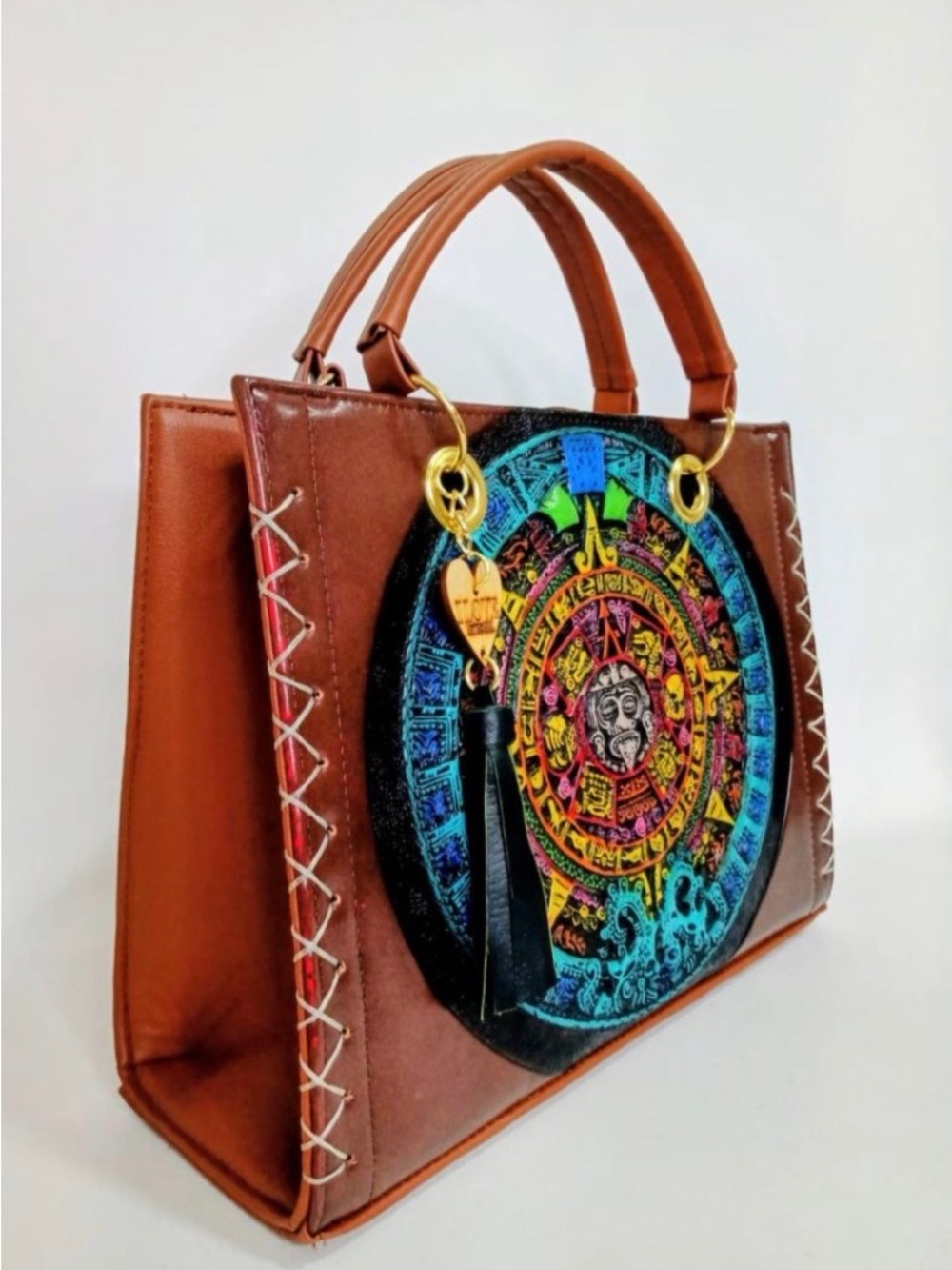 Brown Satchel with Colorful Aztec Medallion Accent
